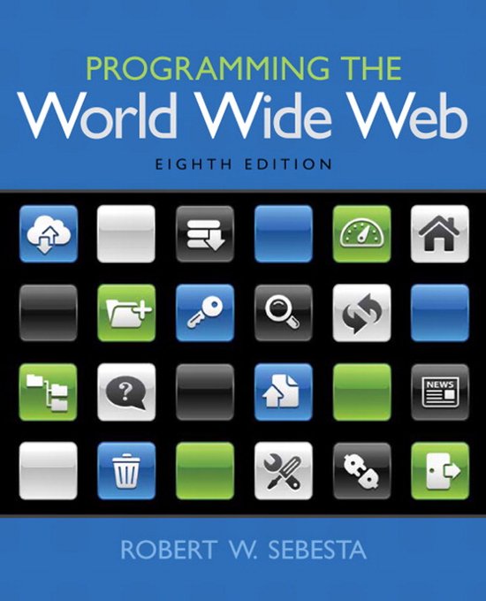Boek 'Programming The World Wide Web, Eighth Edition' met iconen van cloud, map, sleutel, zoekopdracht en meer.