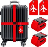 YONO Kofferriem met Kofferlabel - 2 Kofferband en 2 Bagagelabel - Dubbele Bagage Riem Verstelbaar - 4 Pack - Rood