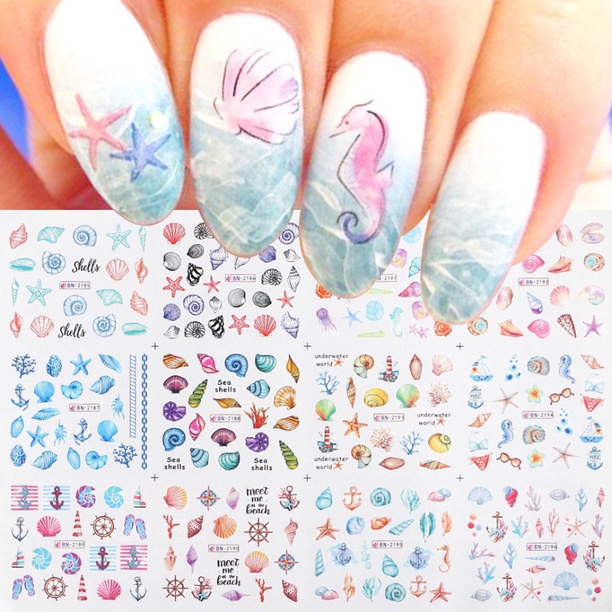Goedkoopste 12 Stuks Nagelstickers – Onderwater Thema – Schelpen, Zeester, Koraal – Nail Art Stickers