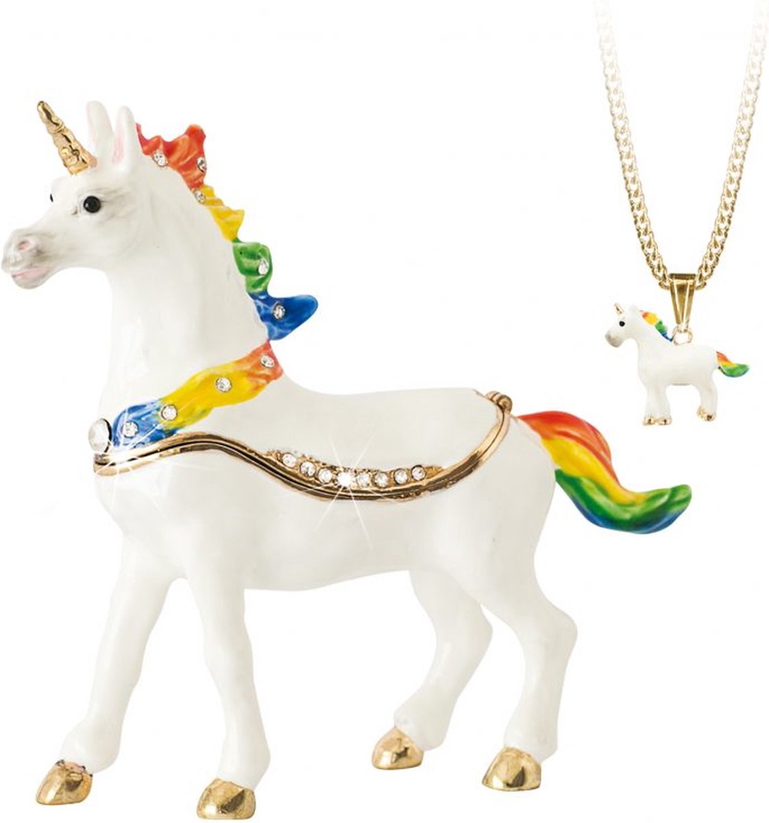 Goedkoopste MadDeco - emaille - pillendoosje - unicorn - met hangertje afgewerkt met kristal- geheime verborgen schatten