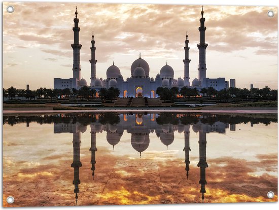Tuinposter – Weerspiegeling van Moskee in het Water in Abu Dhabi - 80x60 cm Foto op Tuinposter (wanddecoratie voor buiten en binnen)