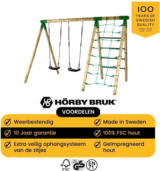 Hörby Bruk® Dubbele Houten Schommel Met Klimtouw - 100% FCS Hout - Buiten... | bol.com