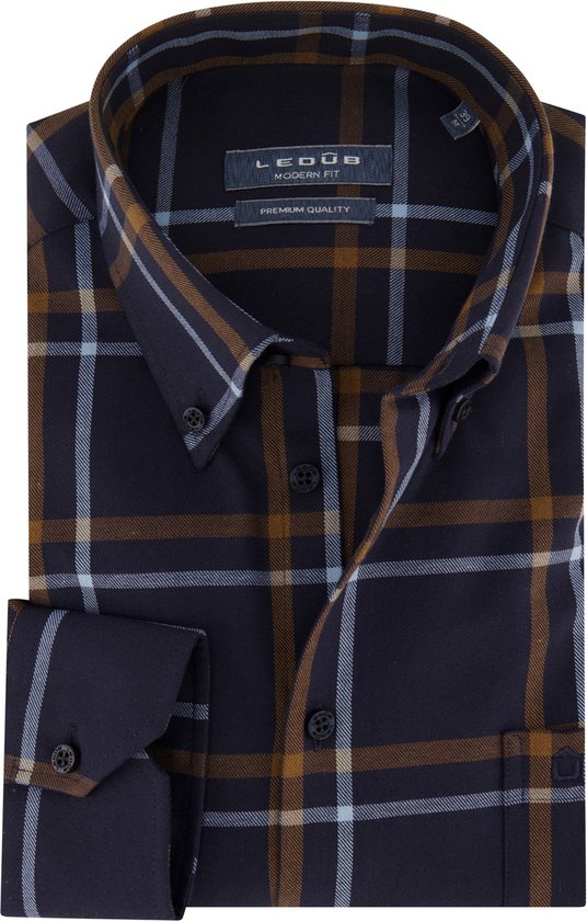 Ledub modern fit overhemd - blauw met bruin geruit flanel - Strijkvriendelijk - Boordmaat: 42