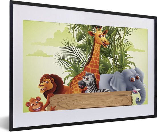 Fotolijst incl. Poster - Jungle dieren - Natuur - Planken - Kinderen - Giraffe - 60x40 cm - Posterlijst