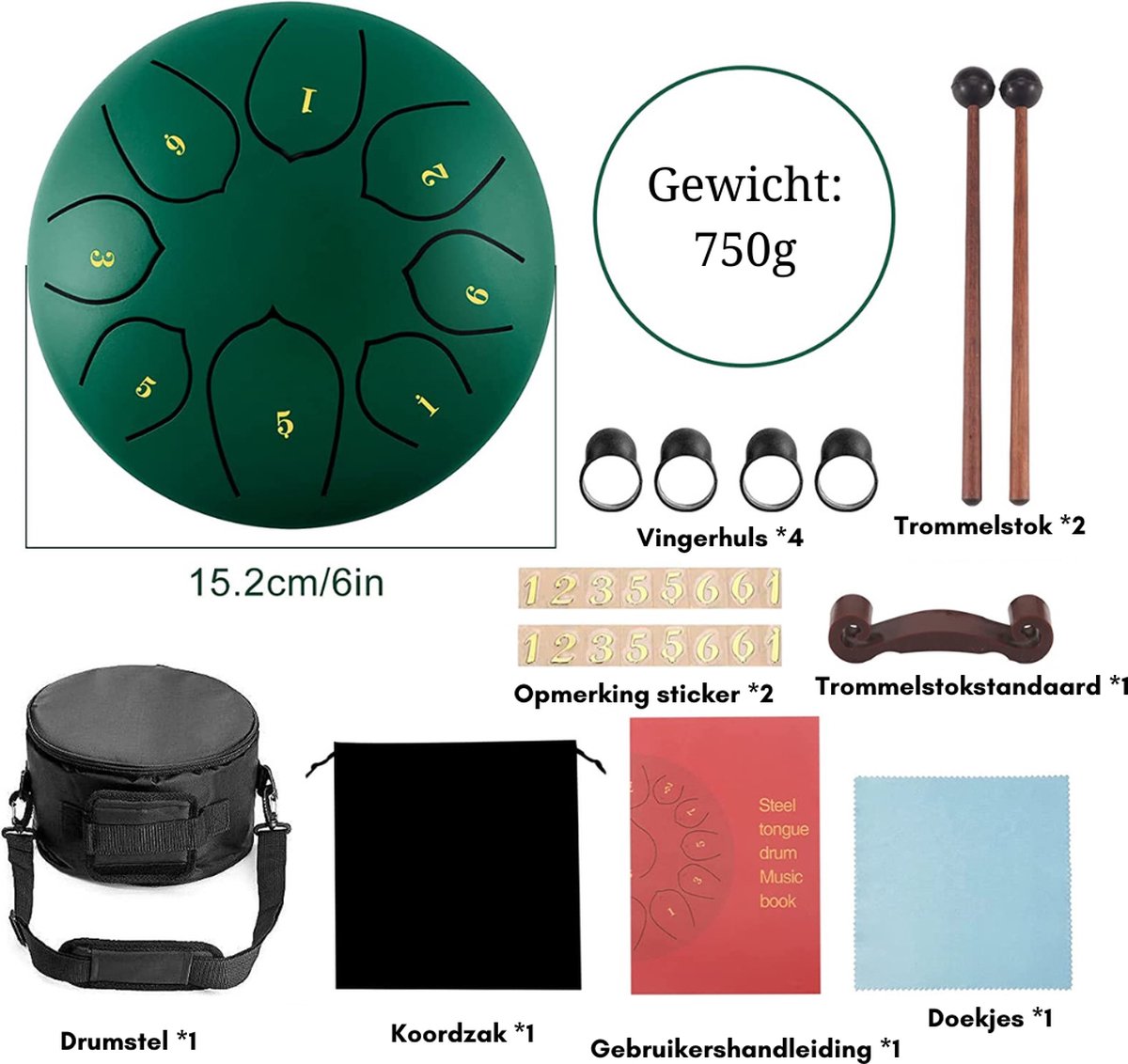 Rayzm Stalen trommel, 15,2 cm (6 inch), 8 tonen, C-Key Steel Tongdrum, draagbaar slaginstrument van koolstofstaal