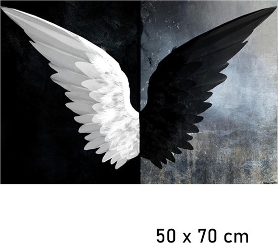 Allernieuwste.nl® Canvas Schilderij * Zwarte en Witte Engelen Vleugels * - Kunst aan je Muur - Romantisch - ZwartWit - 50 x 70 cm