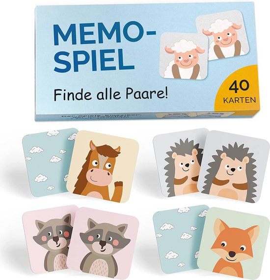 Afbeelding van het spel Memo - Spel I Voor kinderen van 2 tot 6 jaar I Montessori speelgoed - Bevordert concentratie + geheugenvermogen I Educatieve spellen - Met 7 moeilijkheidsgraden I Kinderspeelgoed - 40 kaarten