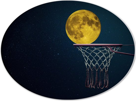 Dibond Ovaal - Maan met Gele Gloed in Basketbal Net - 40x30 cm Foto op Ovaal (Met Ophangsysteem)