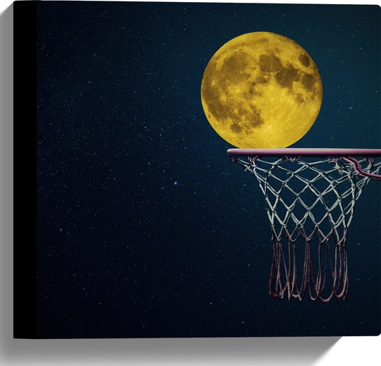 Canvas - Maan met Gele Gloed in Basketbal Net - 30x30 cm Foto op Canvas Schilderij (Wanddecoratie op Canvas)