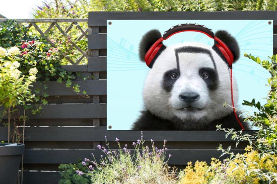 Affiche jardin - Toile jardin - Posters de jardin extérieur - Panda - Casque - Animal - Notes de musique - Rouge - 120x80 cm - Jardin