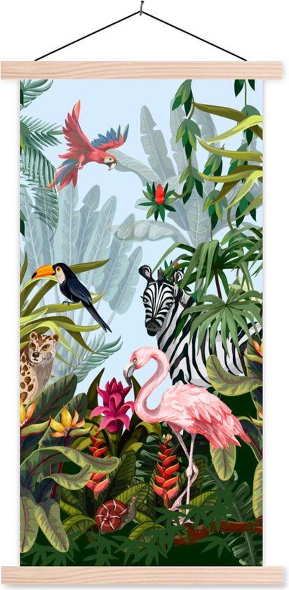 Posterhanger incl. Poster 90x180 cm - Schoolplaat - Jungle - Natuur - Jongens - Meisjes - Kinderen - Zebra - Flamingo - Textielposter - Blanke latten