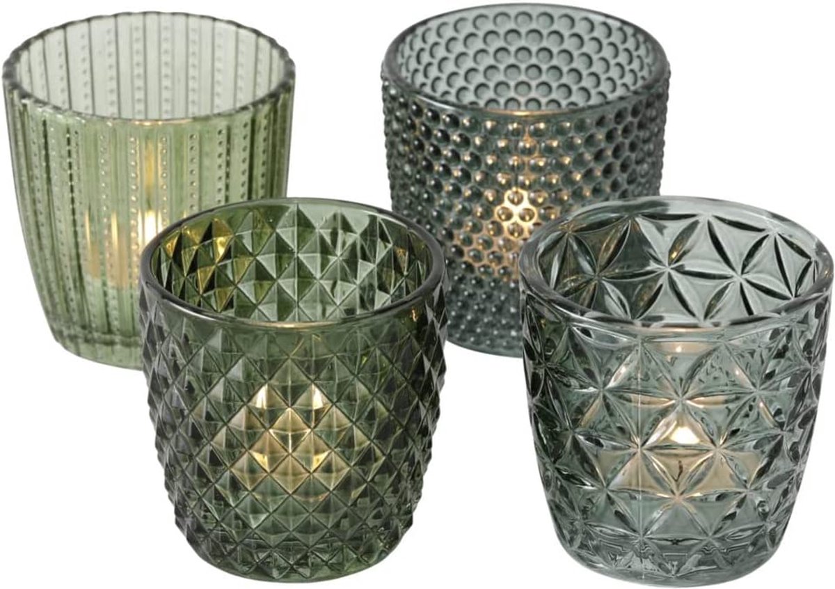 Boltze Home – Set van 4 Groene Waxinelichthouders van Glas – Ø8 cm