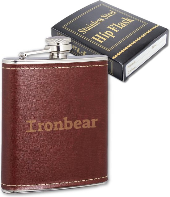 Ironbear® Heupfles - 180 ml - Veldfles - Drinkfles - Flacon - RVS - PU Leer - Compact - Giftbox - Donker Bruin