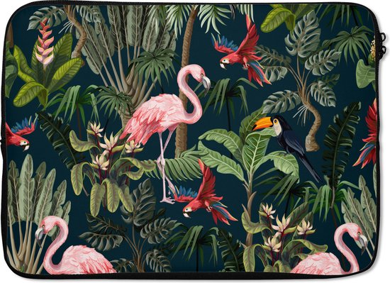 Laptophoes 13 inch - Jungledieren - Patroon - Kinderen - Flamingo - Papegaai - Kids - Laptop sleeve - Binnenmaat 32x22,5 cm - Zwarte achterkant