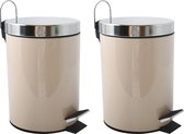 MSV Prullenbak/pedaalemmer - 2x - metaal - beige - 3 liter - 17 x 25 cm - Badkamer/toilet