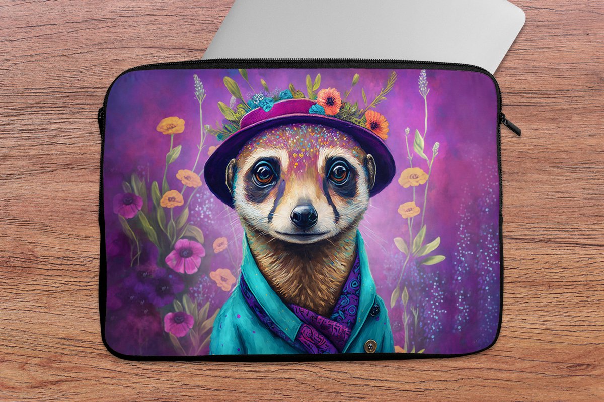 Laptophoes 13 inch - Meerkat - Bloemen - Verf - Paars - Portret - Stokstaartje - Laptop sleeve - Binnenmaat 32x22,5 cm - Zwarte achterkant