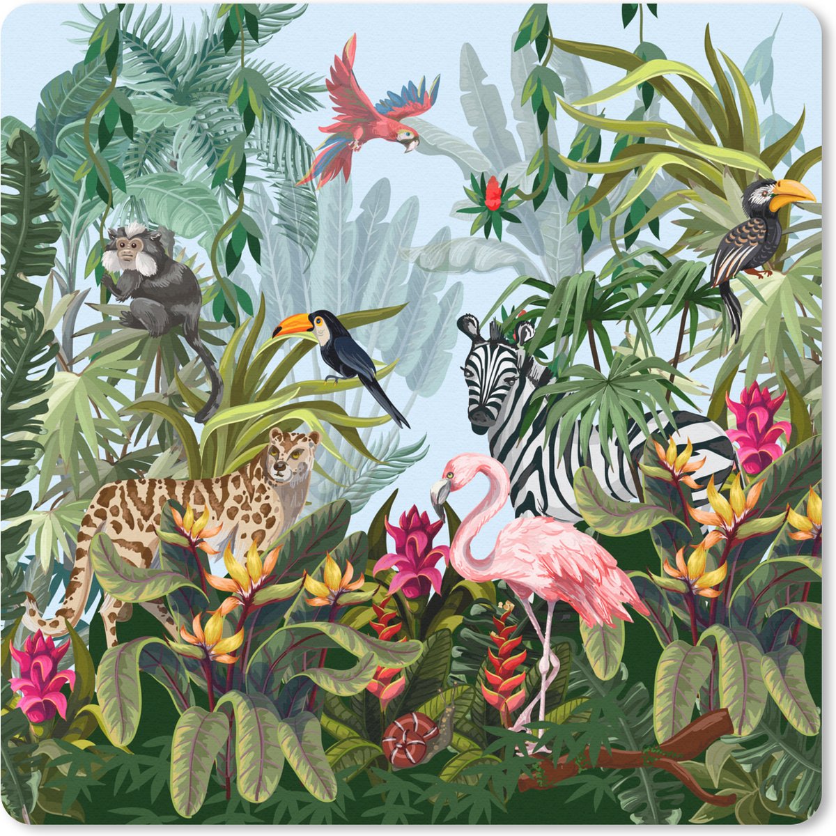 Muismat 30x30 cm - Mousepad Jungle - Natuur - Jongens - Meisjes - Kinderen - Zebra - Flamingo - Muismatten