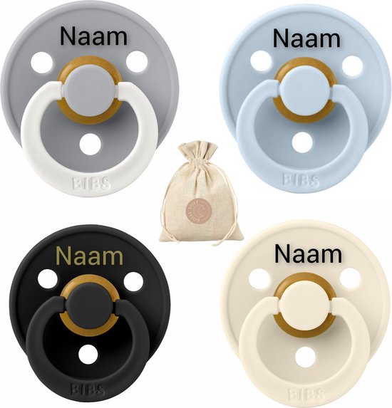 BIBS fopspenen met naam T2 Baby blue, Black, Ivory & Glow Cloud 618 maanden bol