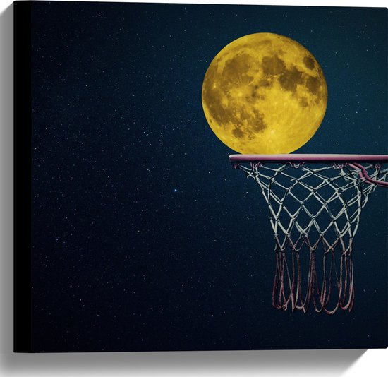 Canvas - Maan met Gele Gloed in Basketbal Net - 40x40 cm Foto op Canvas Schilderij (Wanddecoratie op Canvas)