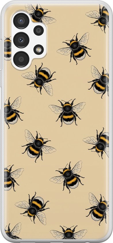 Coque transparente avec un imprimé d'abeilles jaunes sur fond clair. Avec découpe pour appareil photo.