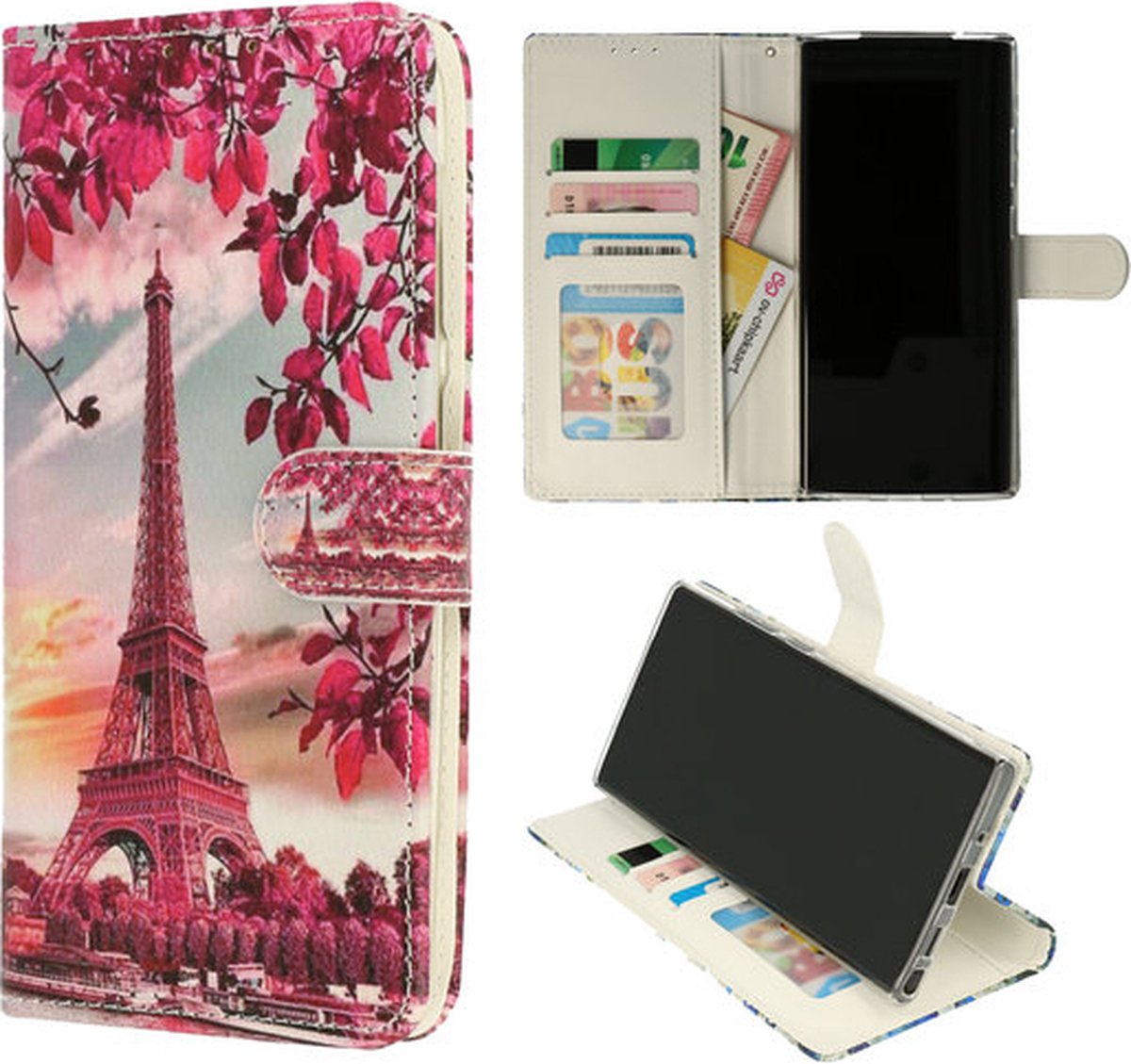 Cityhoesje - bookcase geschikt voor Samsung Note 10 Pasjeshouder Parijs roze