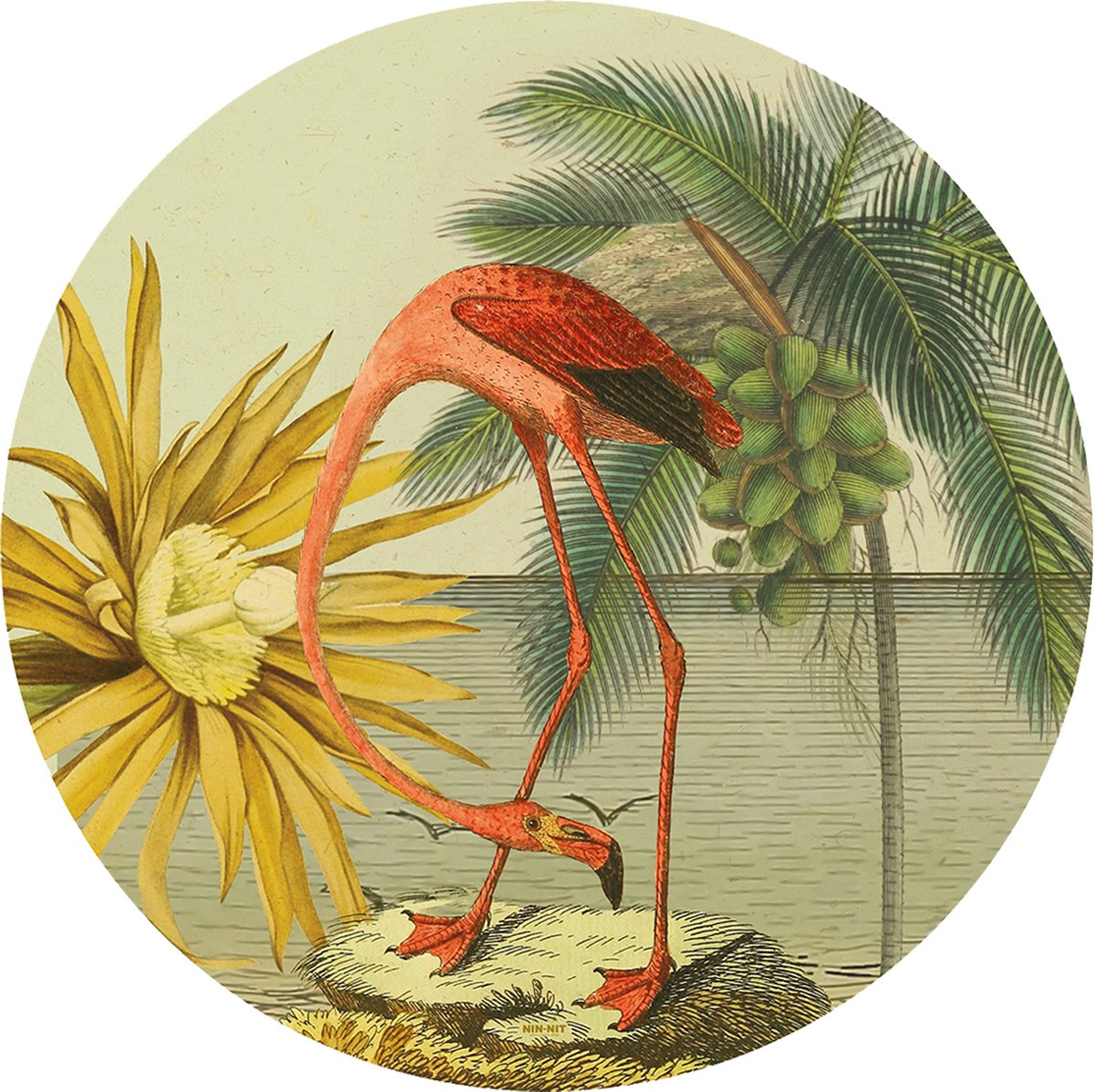 NIN-NIT - Beach Flamingo Wall-art - Wandcirkel - muurcirkel - Ø60 cm - gemaakt van aluminium - botanisch - bohemian - eclectisch