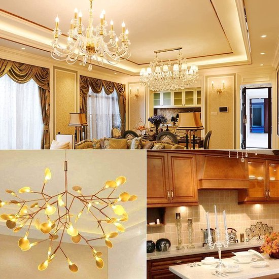 Luxe interieurs met G4 halogeenlampen. Een woonkamer met kroonluchter en een keuken.