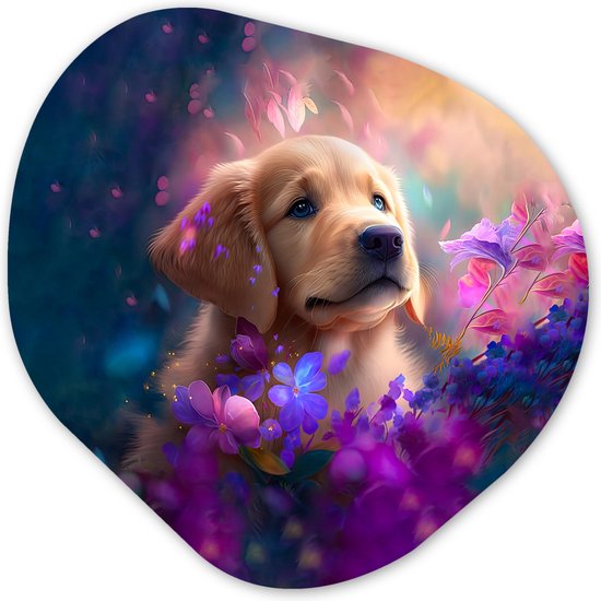 Organische Wanddecoratie - Kunststof Muurdecoratie- Organisch Schilderij - Hond - Puppy - Zon - Bloemen - Golden retriever- 90x90 cm - Organische spiegel vorm op kunststof