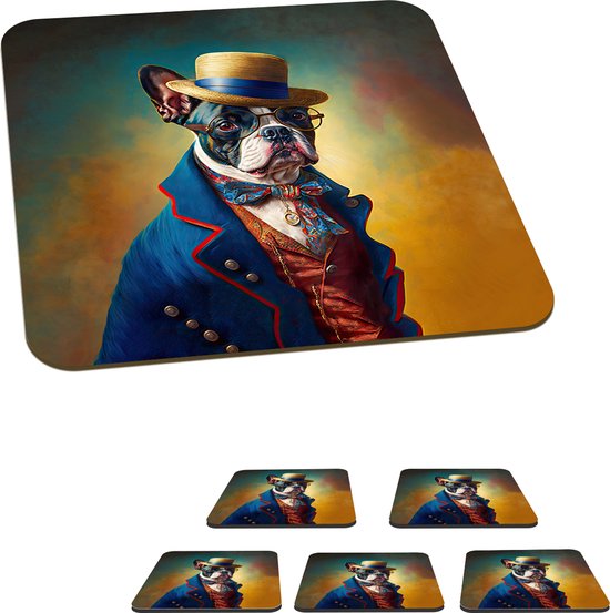 Onderzetters voor glazen - Hond - Kleding - Accessoires - Verf - Portret - 10x10 cm - Glasonderzetters - 6 stuks