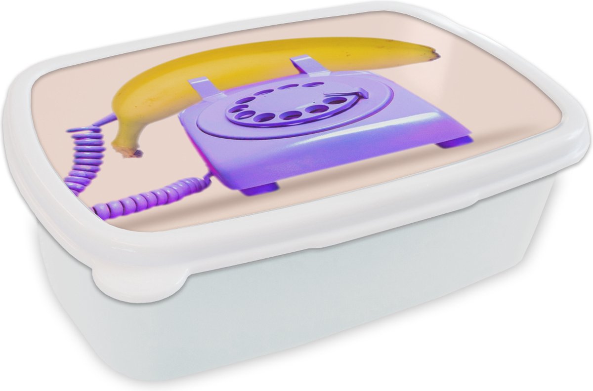 Broodtrommel Wit - Lunchbox - Brooddoos - Banaan - Telefoon - Paars - Geel - 18x12x6 cm - Volwassenen