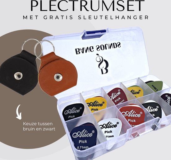 Foto: Bang sounds plectrum voor gitaar plectrums plectrumset met 30 stuks plectrums met verschillende diktes kleuren opbergbox inclusief gratis plectrum houder sleutelhanger in bruin zwart