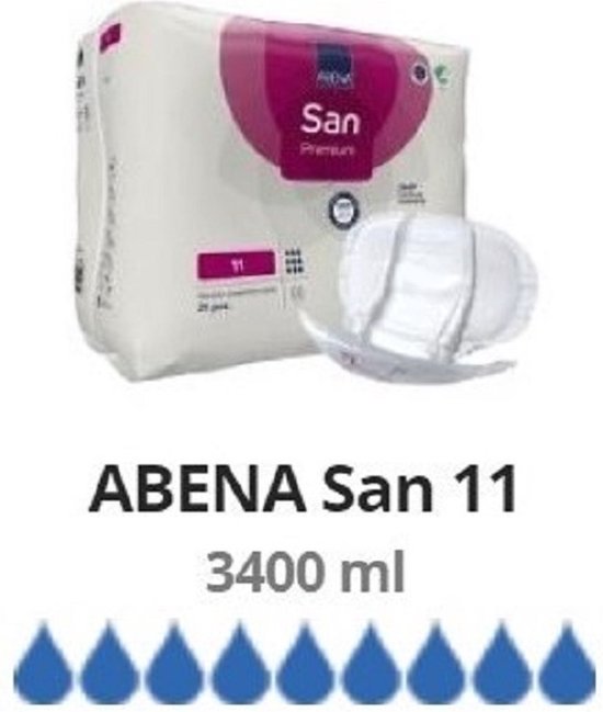 Verpakking Abena San 11, met 3400ml capaciteit. Een los inlegkruisje is zichtbaar.