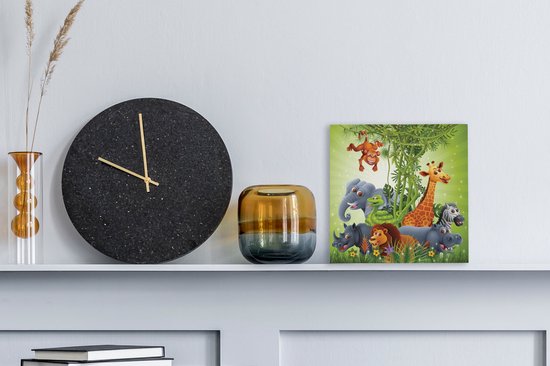 Tableau sur toile Animaux de la jungle - Plantes - Enfants - Éléphant - Girafe - Lion - 20x20 cm - Décoration murale