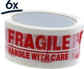 6 rollen verpakkingstape tape "Fragile" rood/wit 50mm x 60m stevig klevend sterk