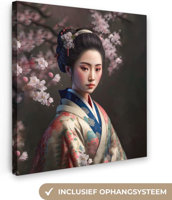 Canvas Schilderij Vrouw - Sakura - Kimono - Aziatisch - Portret - 50x50 cm - Wanddecoratie
