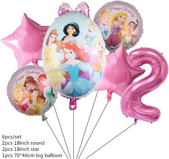Prinsessen Ballonnen - Verjaardag Ballonnen Prinsessen - Ballonnen Set Cijfer 2 - Ballonnen Set Twee Jaar - Roze Ballonnen - Ariel - Assepoester - Rapunzel - Sneeuwwitje - Belle - Jasmine - Belle - Prinsessen Thema - Folie Ballonnen