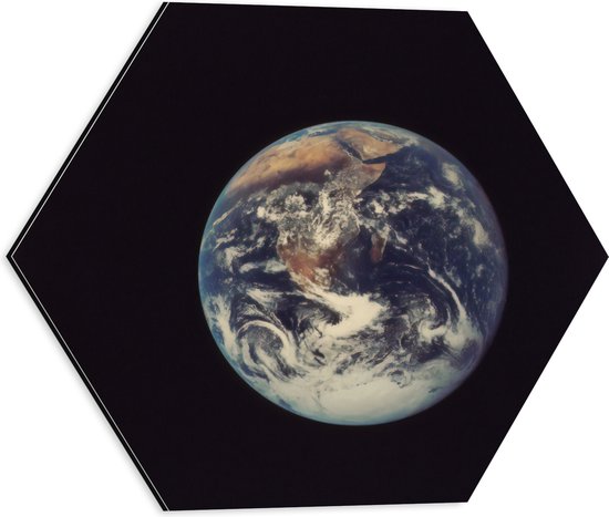 Dibond Hexagon - Vooraanzicht van de Aarde - 40x34.8 cm Foto op Hexagon (Met Ophangsysteem)