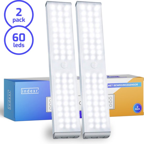 Éclairage d'armoire avec détecteur de mouvement - Pack de 2 - Lumière Wit 60 LED - Rechargeable par USB - Sous-structure d'éclairage de cuisine - Sans fil