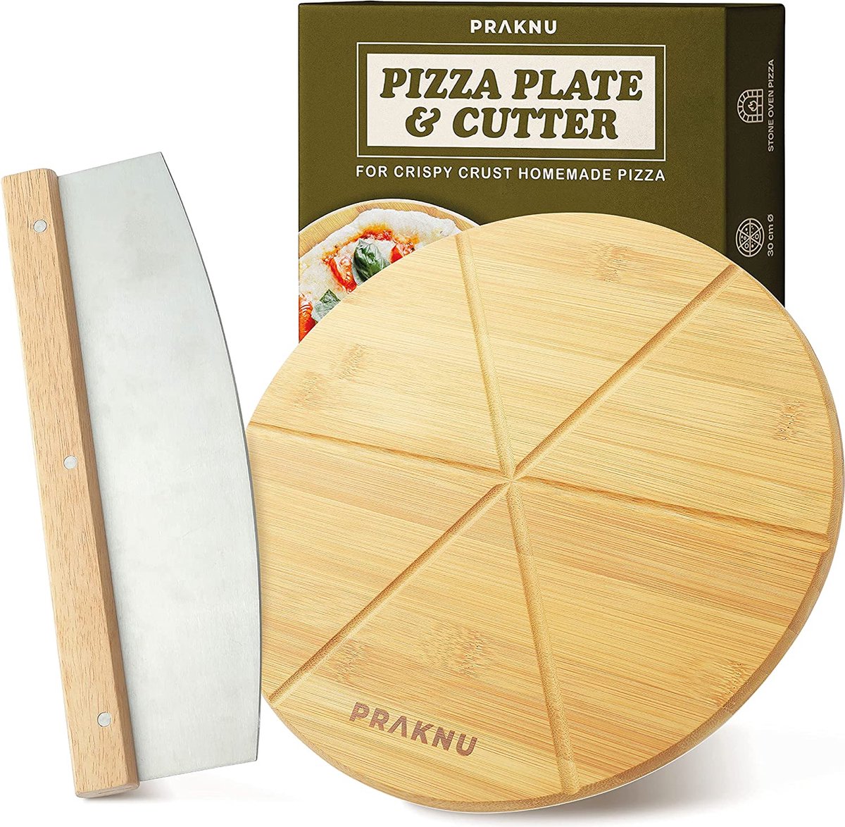 Houten Pizzabord met Pizzasnijder - Set van 2 - RVS Pizzames met Scherp Lemmet