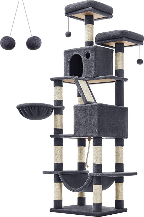 FEANDREA Kattenboom Krabpaal 138 Cm Rookgrijs - Stabiele Klimtoren Met Hangmat, Grot En Krabplank