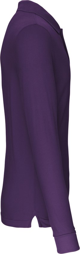 Zijaanzicht van een paars poloshirt met lange mouwen.