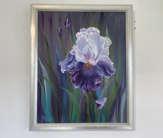 Olieverf schilderij blauw, paars, witte Iris