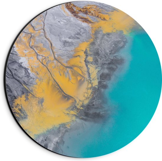 Dibond Muurcirkel - Abstract Bruin, Geel en Blauwe Vlekken - 20x20 cm Foto op Aluminium Muurcirkel (met ophangsysteem)
