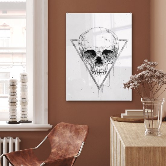 MuchoWow® Glasschilderij 60x80 cm - Schilderij acrylglas - Schedel - Driehoek - Tekening - Druppels - Doodskop - Foto op glas - Schilderijen