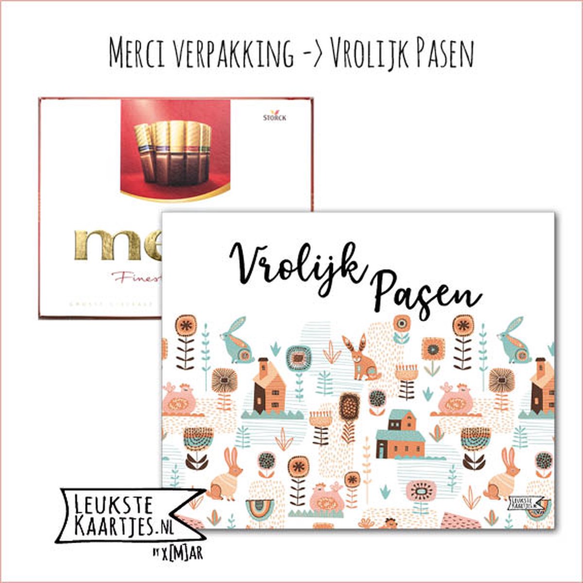 Kaartkadootje Merci -> Pasen – No:01 (Merci Chocolade - Vrolijk Pasen – Haas, kip, huis, bloem – wit) - LeuksteKaartjes.nl by xMar