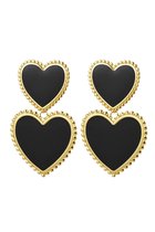 Dubbel heart zwart oorbellen - 18K - gold plated - nikkel vrij - waterproof - goud - zwart - black - earrings - gold - oorbellen - heart - hart - statement - valentijn - romantisch - groot - hartjes - hearts