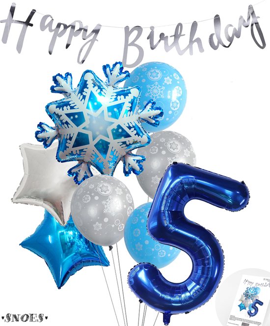 Cijferballon 5 Blauw - Frozen - Ijssterren - Ballonnen Pluspakket - Slinger Feestvieren - Verjaardag Snoes