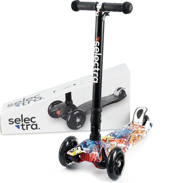 Selectra kinderstep met 4 lichtgevende wielen – Kick step voor kinderen van 3 t/m 9 jaar – Led scooter met click and ride functie - Graffiti hop