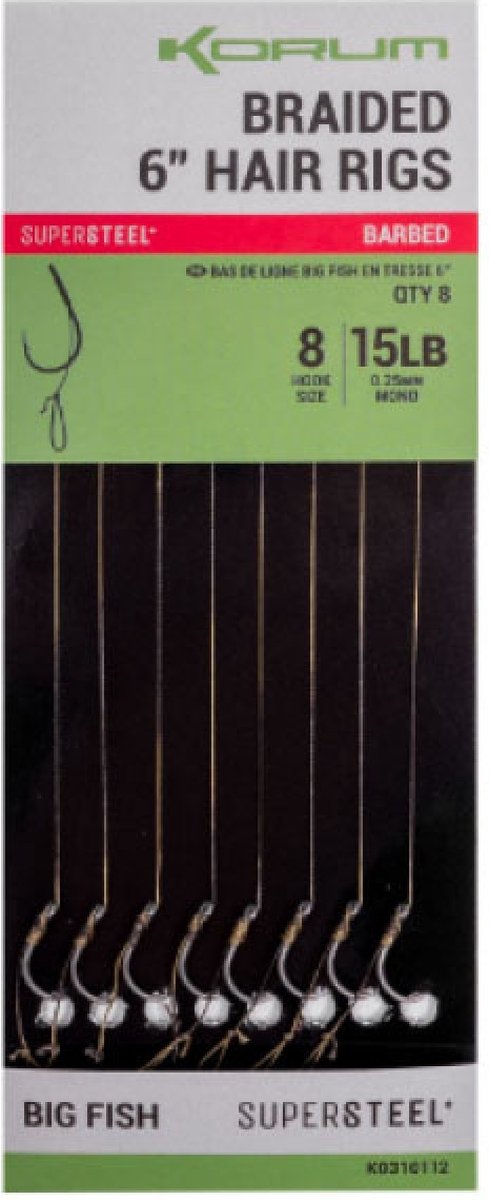 Korum Supersteel Big Fish Braided Hair Rigs 6 Barbed (8 pcs) - Maat : Haak 12 - 0.25mm van Korum — afbeelding 5