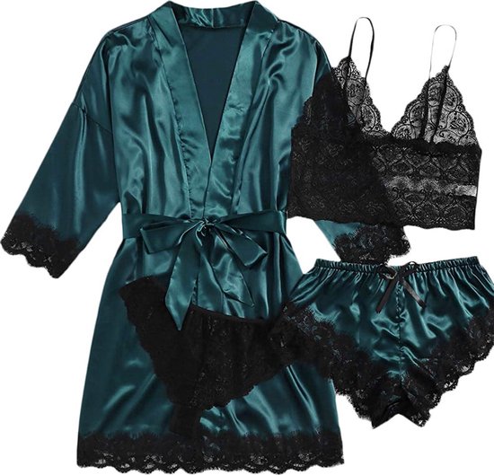 Xd Xtreme - 4-delig - Nachtkledingset groen M -kimono - nachtjapon - badjas - ochtendjas - satijn - lingerie set - bodysuit - sexy - pyjama